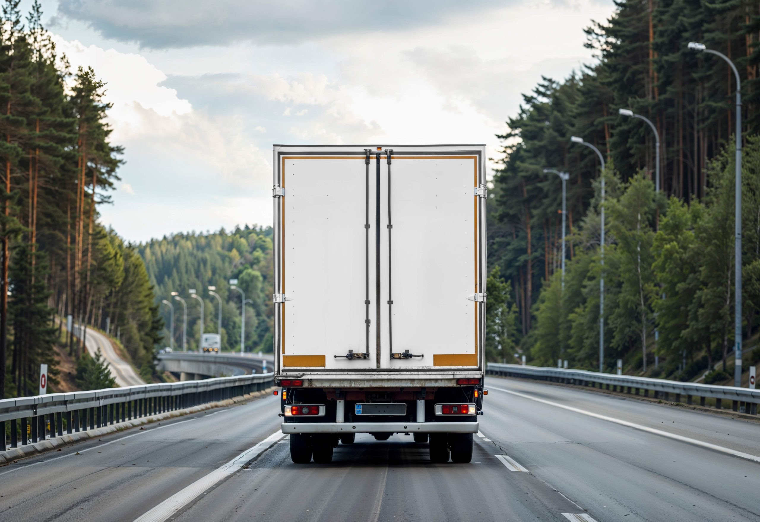White box truck traveling on a divided highway