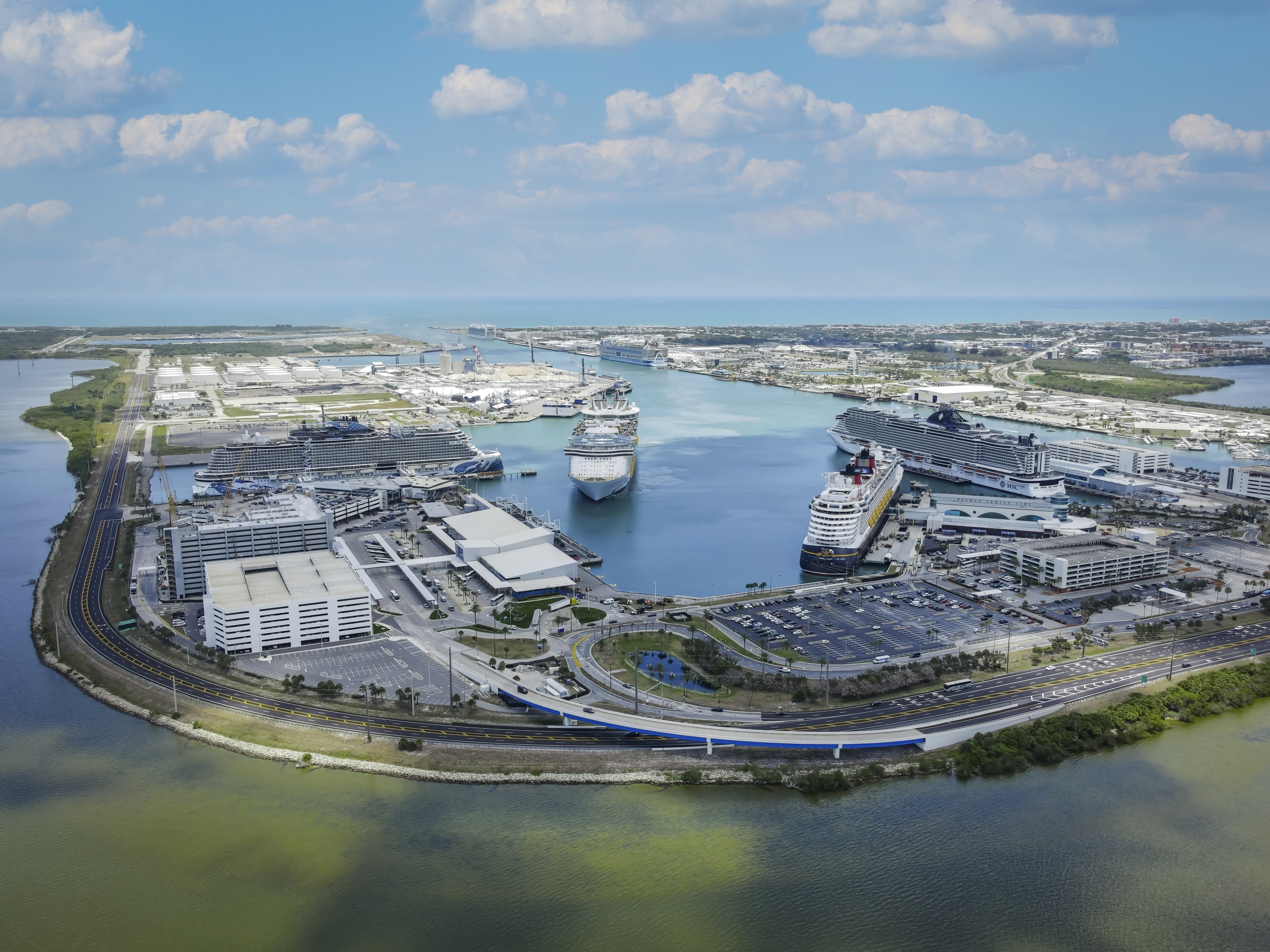Cruise ships docked at a modern passenger cruise terminal
